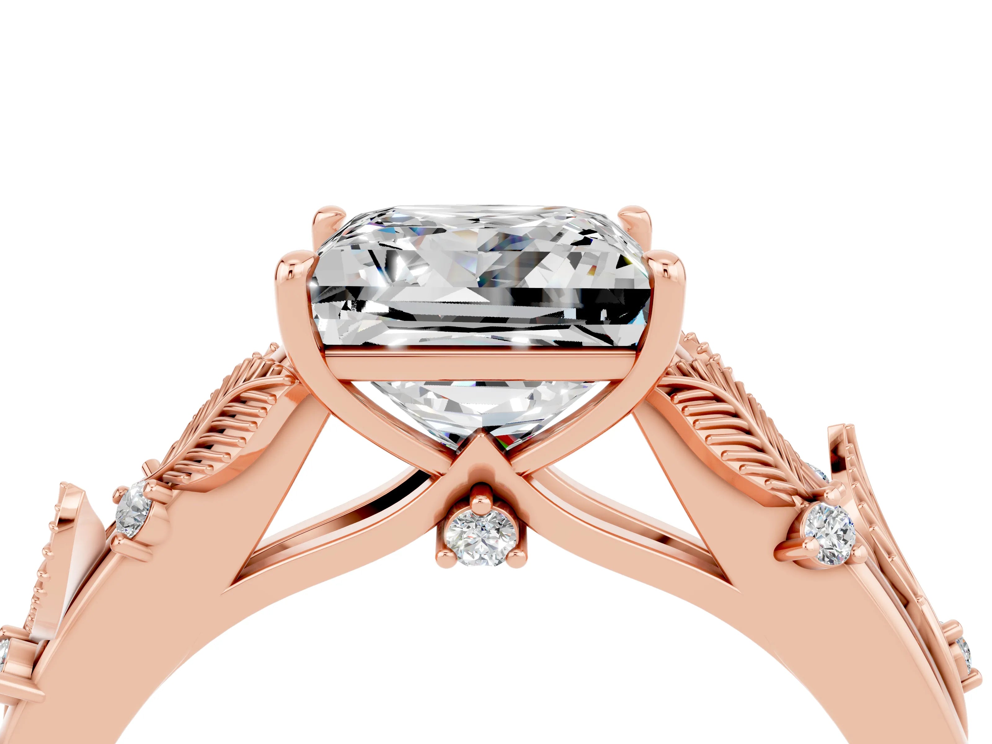 Rose gold Princess Cut Moissanite Solitaire Ring with Leaf Motif Band and Four-Prong Setting_4