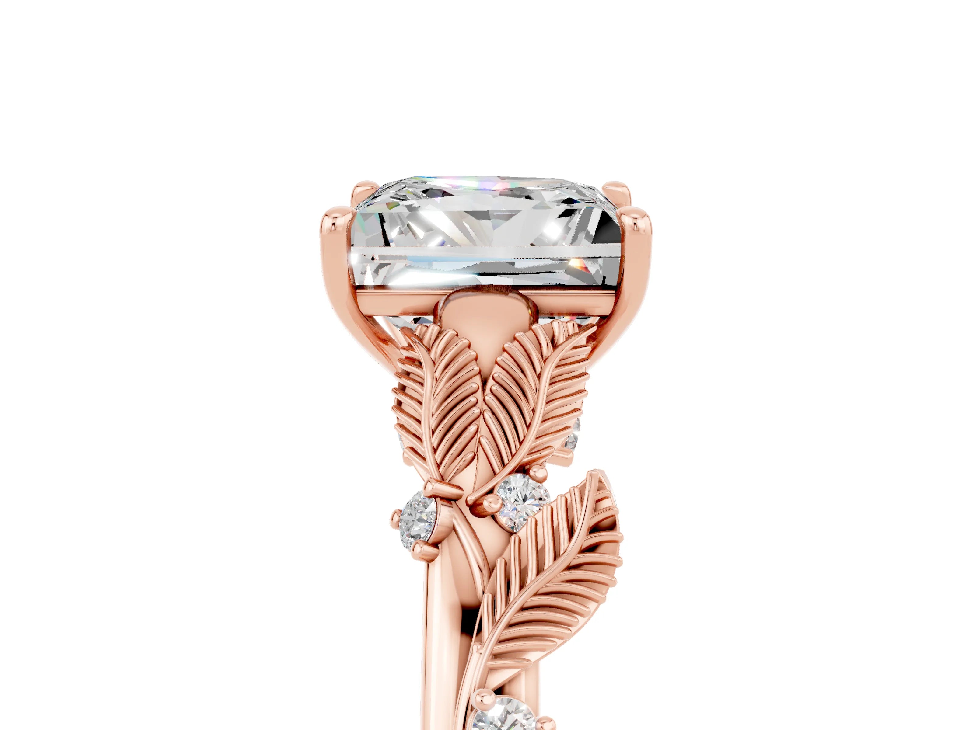 Rose gold Princess Cut Moissanite Solitaire Ring with Leaf Motif Band and Four-Prong Setting_5