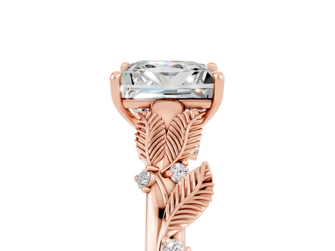 Rose gold Princess Cut Moissanite Solitaire Ring with Leaf Motif Band and Four-Prong Setting_5
