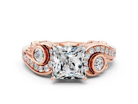 Rose gold Princess Cut Moissanite Solitaire Ring with Milgrain Pavé Band and Four-Prong Setting_24