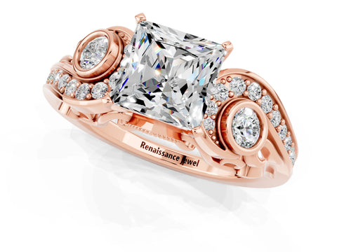 Rose gold Princess Cut Moissanite Solitaire Ring with Milgrain Pavé Band and Four-Prong Setting_25