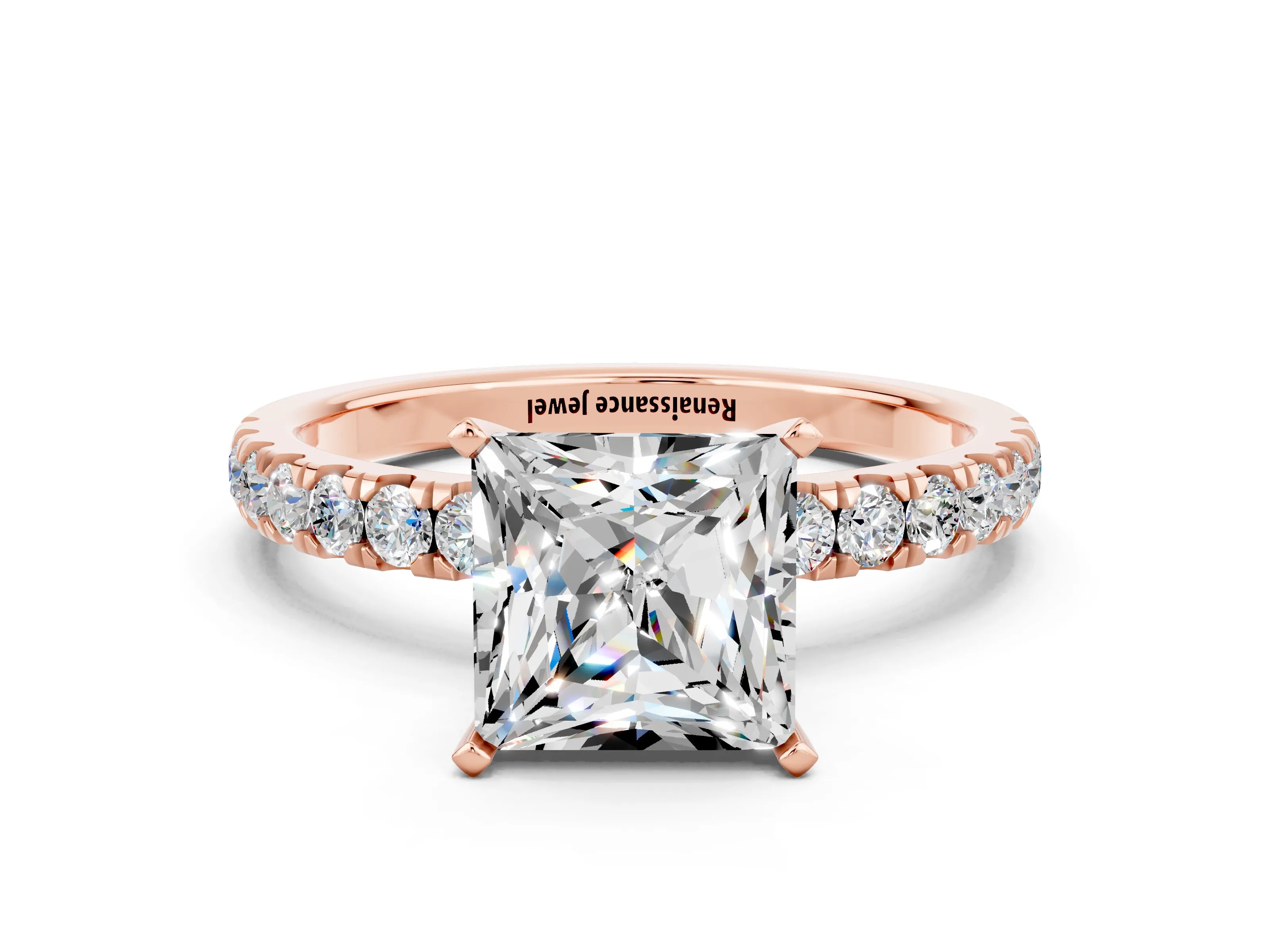 Rose gold Princess Cut Moissanite Solitaire Ring with Pavé Accents and Four-Prong Setting