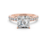 Rose gold Princess Cut Moissanite Solitaire Ring with Pavé Accents and Four-Prong Setting