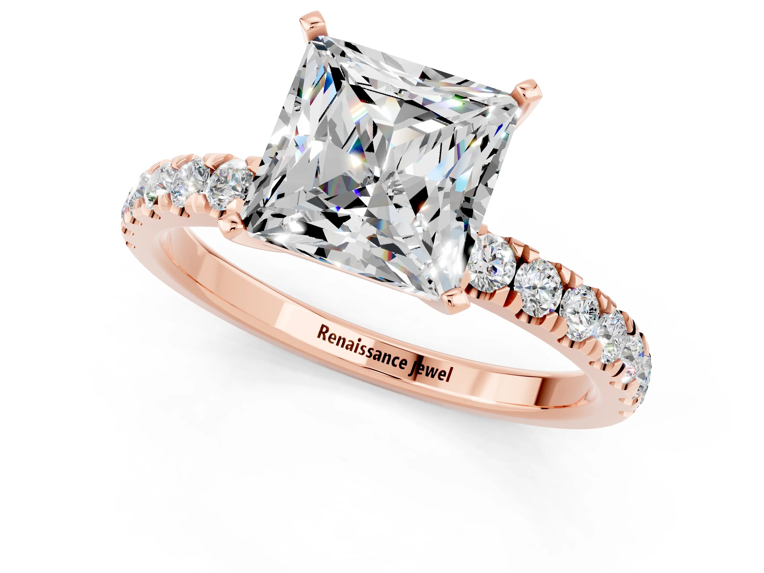 Rose gold Princess Cut Moissanite Solitaire Ring with Pavé Accents and Four-Prong Setting_1