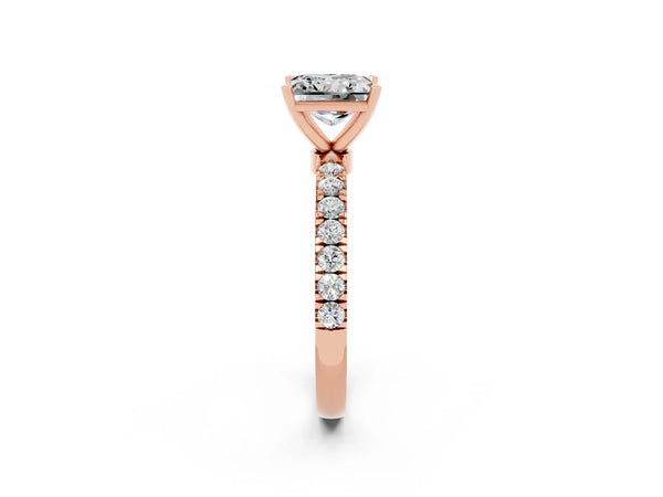 Rose gold Princess Cut Moissanite Solitaire Ring with Pavé Accents and Four-Prong Setting
