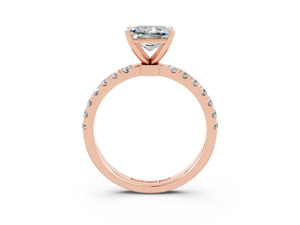 Rose gold Princess Cut Moissanite Solitaire Ring with Pavé Accents and Four-Prong Setting