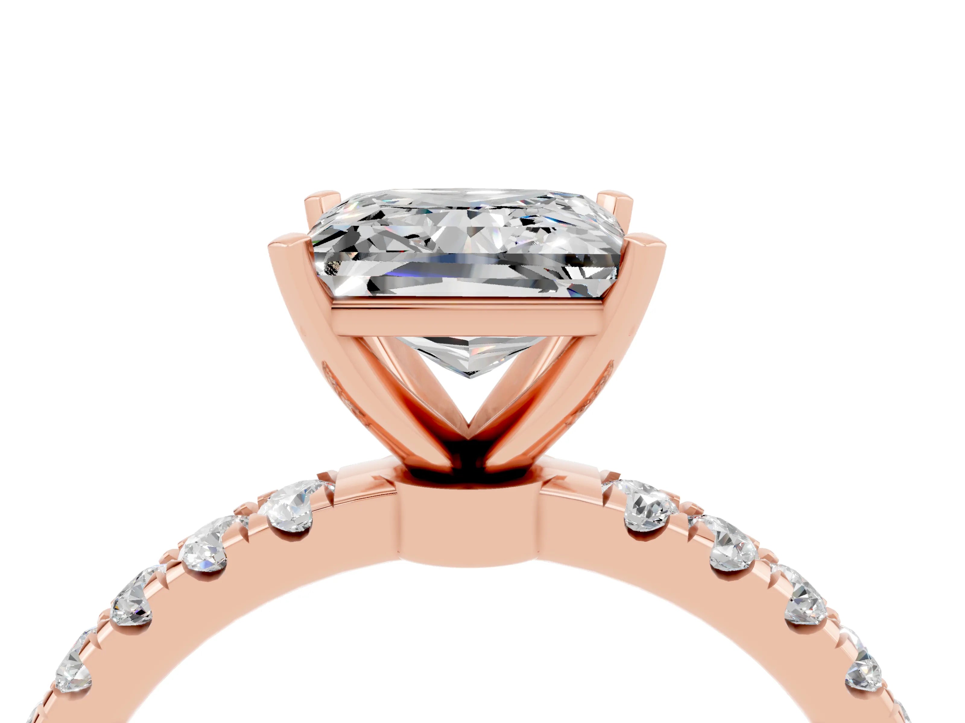 Rose gold Princess Cut Moissanite Solitaire Ring with Pavé Accents and Four-Prong Setting_4