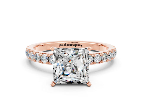 Rose gold Princess Cut Moissanite Solitaire Ring with Pavé Accents and Four-Prong Setting