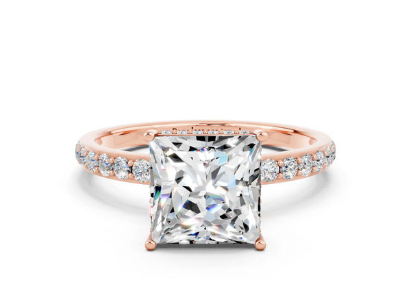 Rose gold Princess Cut Moissanite Solitaire Ring with Pavé Band and Hidden Halo
