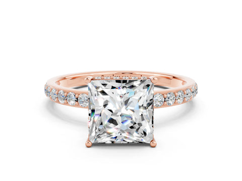 Rose gold Princess Cut Moissanite Solitaire Ring with Pavé Band and Hidden Halo_12