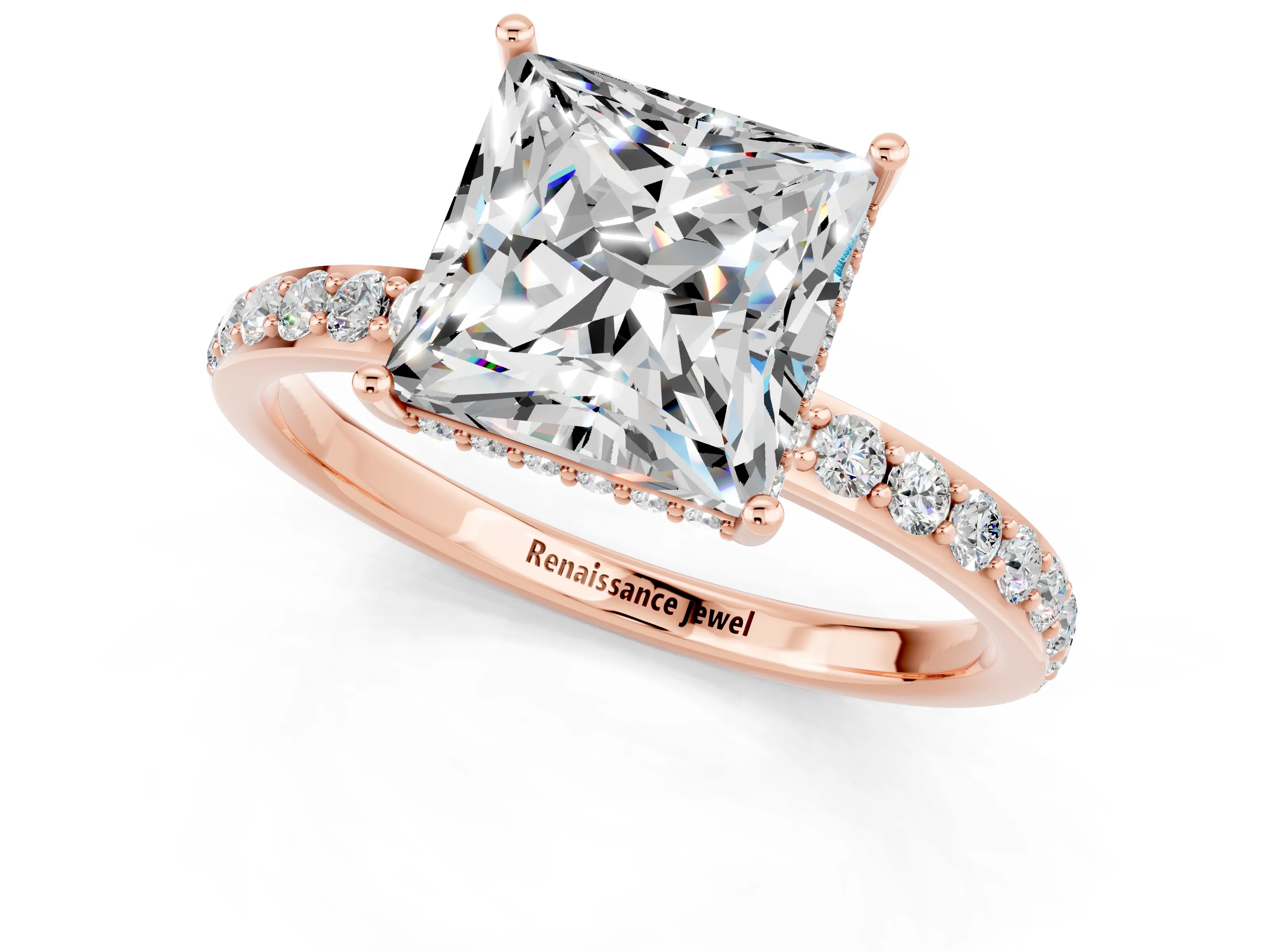 Rose gold Princess Cut Moissanite Solitaire Ring with Pavé Band and Hidden Halo_13