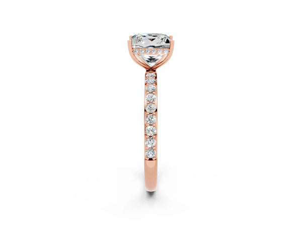 Rose gold Princess Cut Moissanite Solitaire Ring with Pavé Band and Hidden Halo