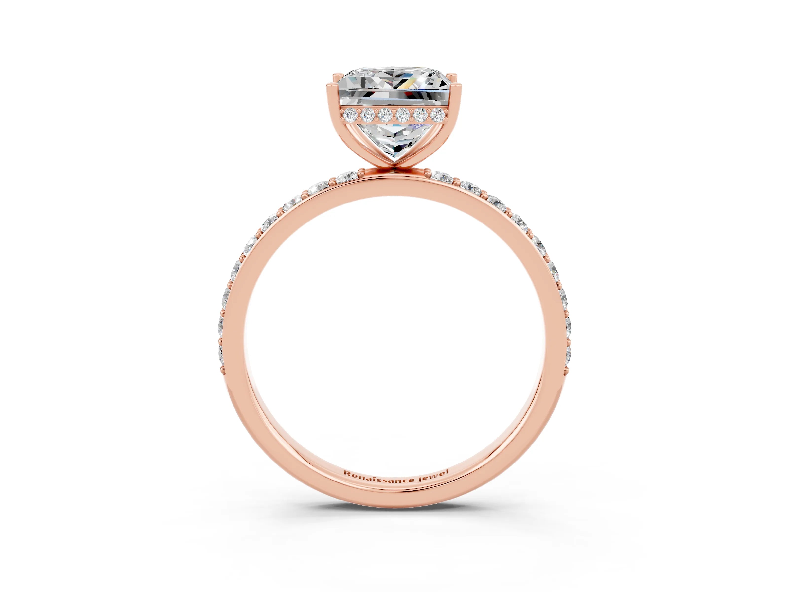 Rose gold Princess Cut Moissanite Solitaire Ring with Pavé Band and Hidden Halo_15