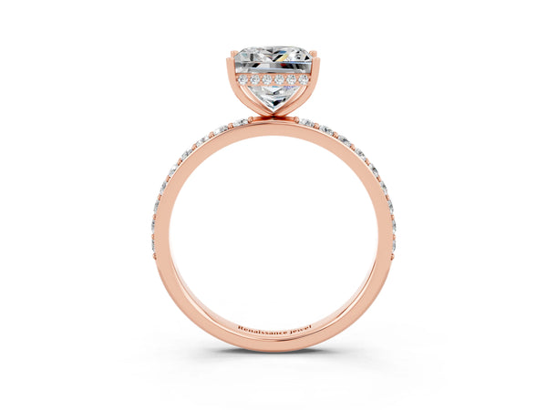 Rose gold Princess Cut Moissanite Solitaire Ring with Pavé Band and Hidden Halo