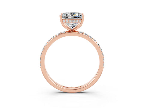 Rose gold Princess Cut Moissanite Solitaire Ring with Pavé Band and Hidden Halo_15