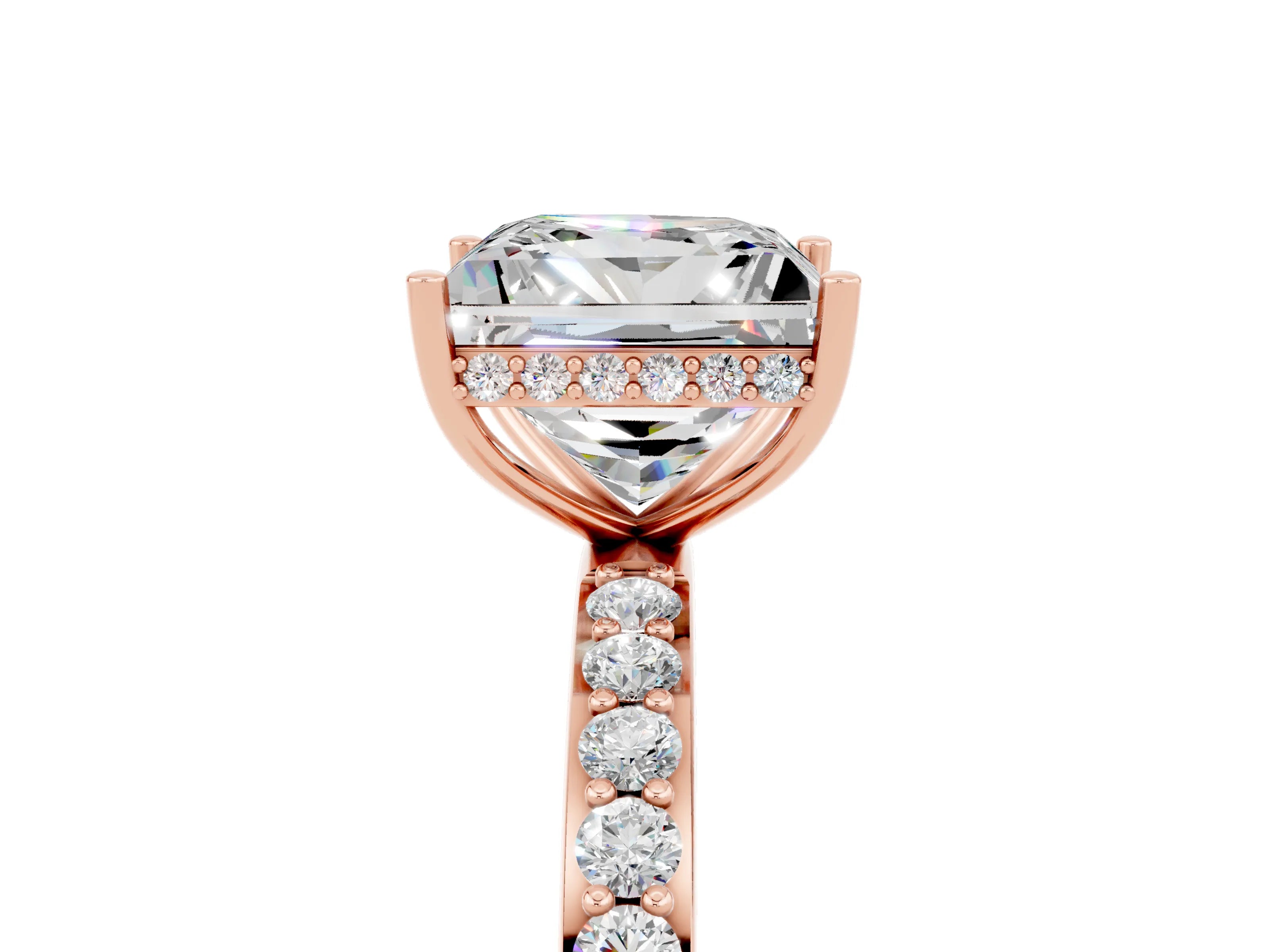 Rose gold Princess Cut Moissanite Solitaire Ring with Pavé Band and Hidden Halo_17