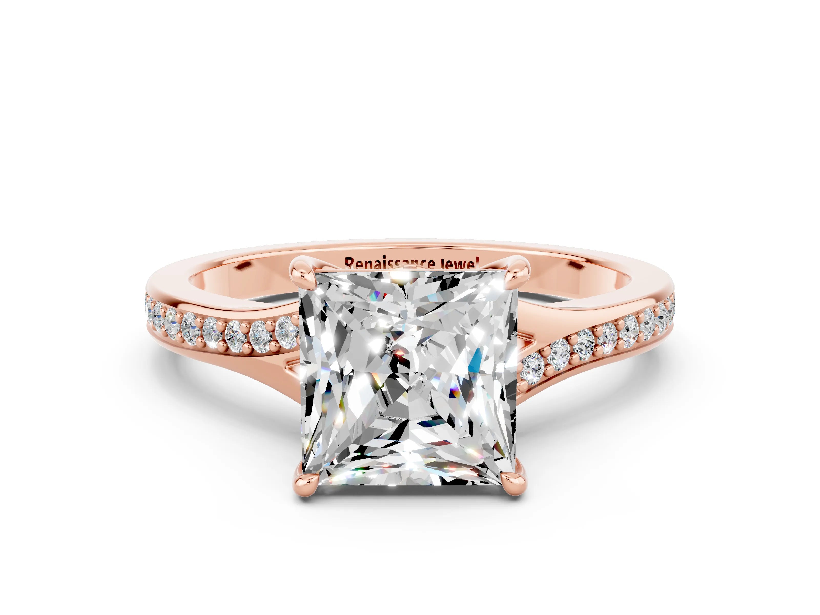 Rose gold Princess Cut Moissanite Solitaire Ring with Pavé Band and Prong Setting_12