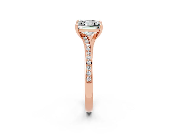 Rose gold Princess Cut Moissanite Solitaire Ring with Pavé Band and Prong Setting