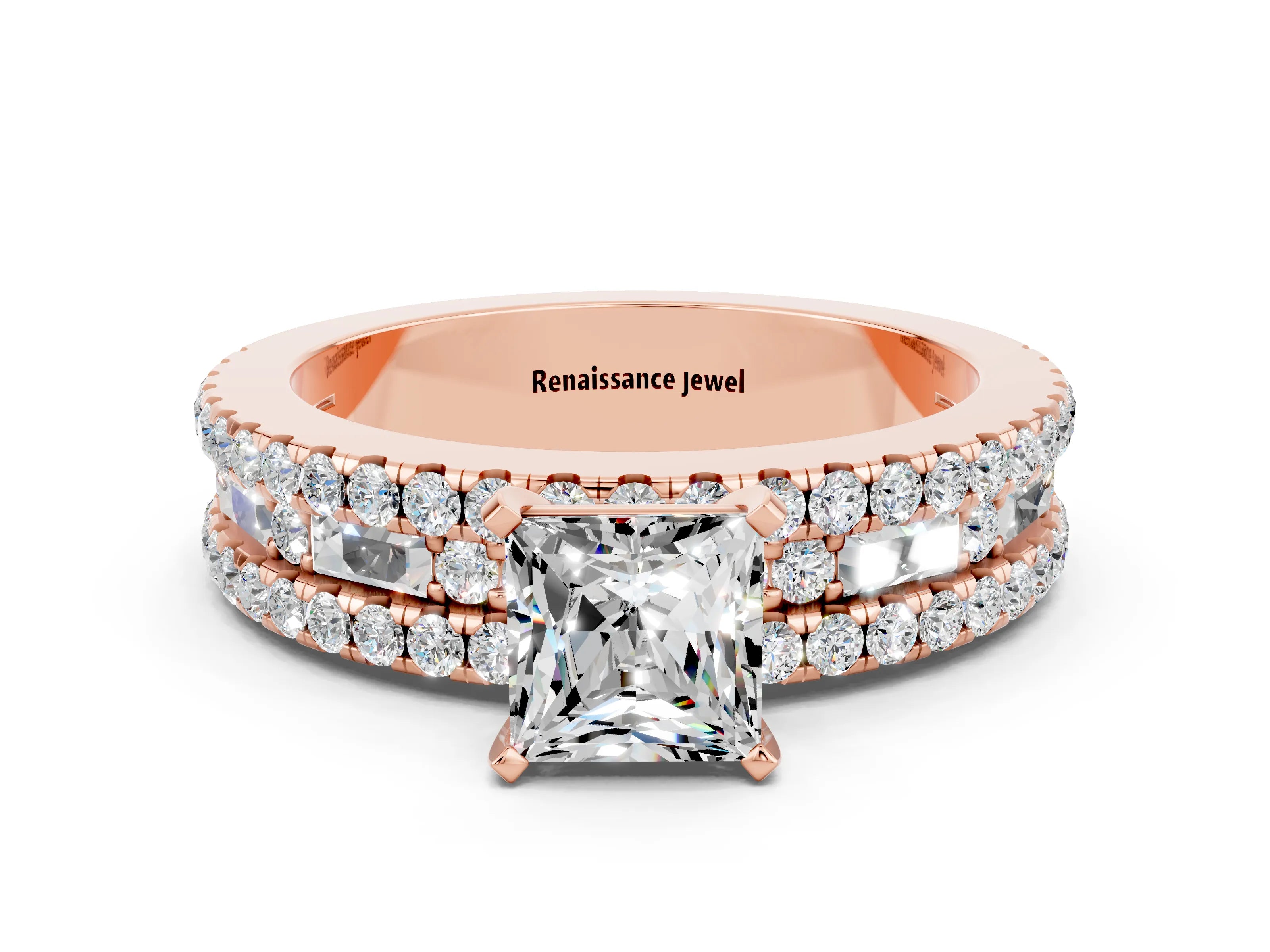 Rose gold Princess Cut Moissanite Solitaire Ring with Pavé and Channel Set Band