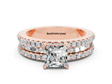 Rose gold Princess Cut Moissanite Solitaire Ring with Pavé and Channel Set Band