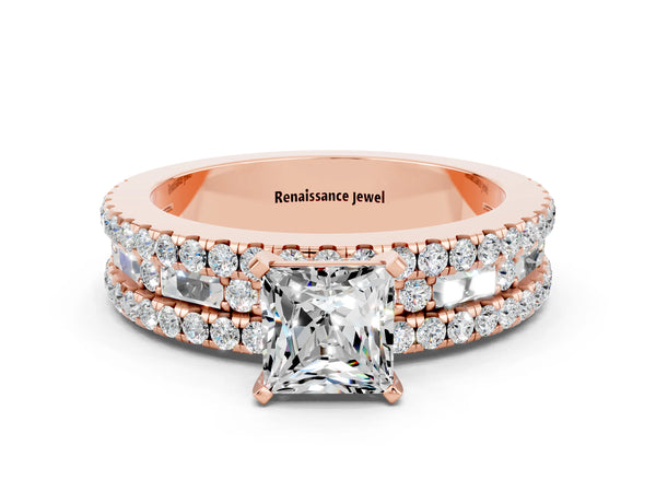 Rose gold Princess Cut Moissanite Solitaire Ring with Pavé and Channel Set Band