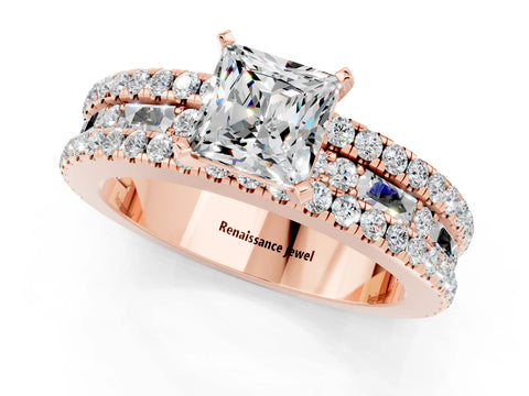 Rose gold Princess Cut Moissanite Solitaire Ring with Pavé and Channel Set Band_1