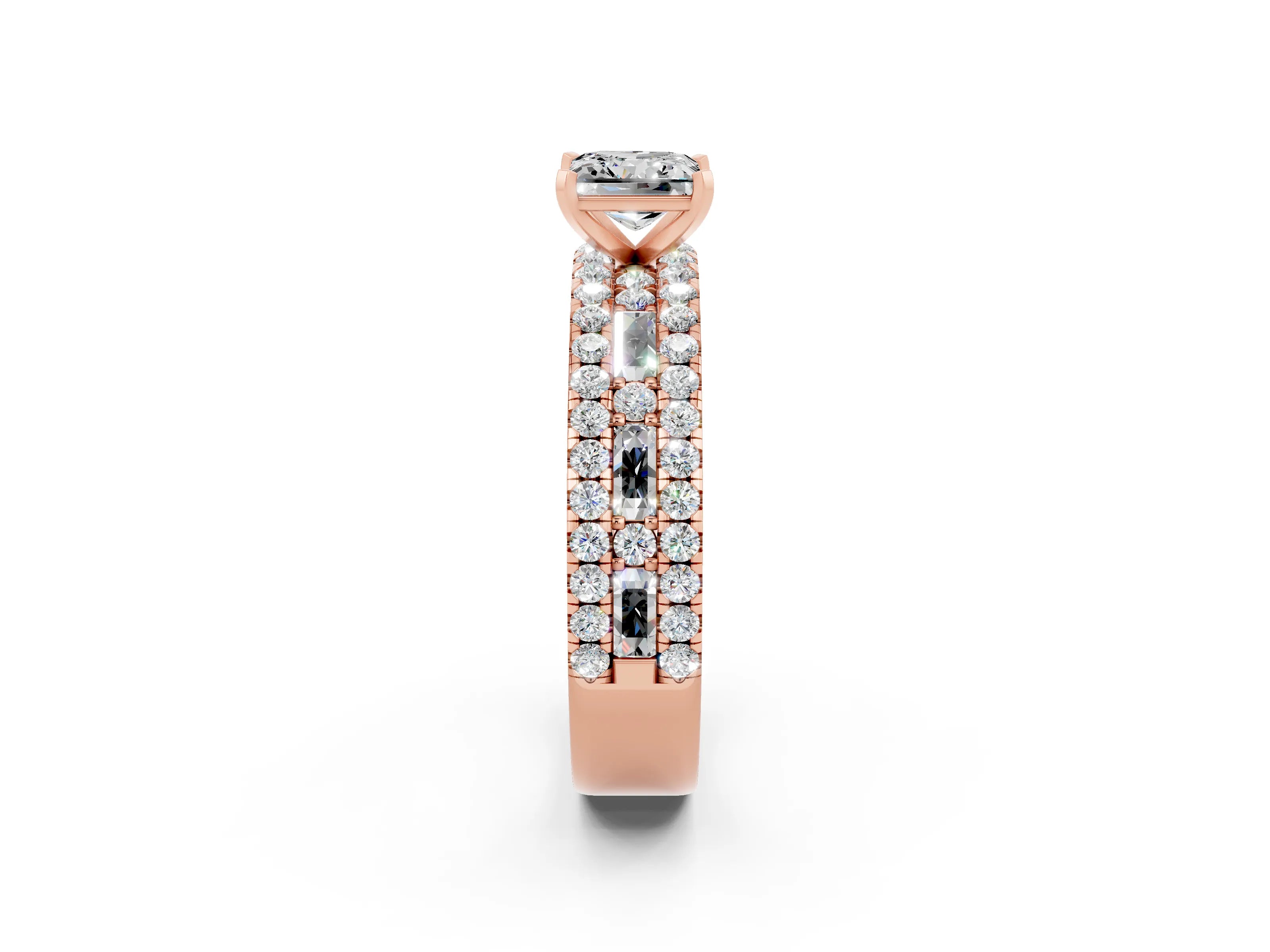 Rose gold Princess Cut Moissanite Solitaire Ring with Pavé and Channel Set Band_2