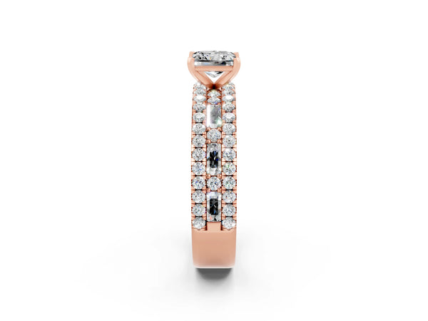Rose gold Princess Cut Moissanite Solitaire Ring with Pavé and Channel Set Band