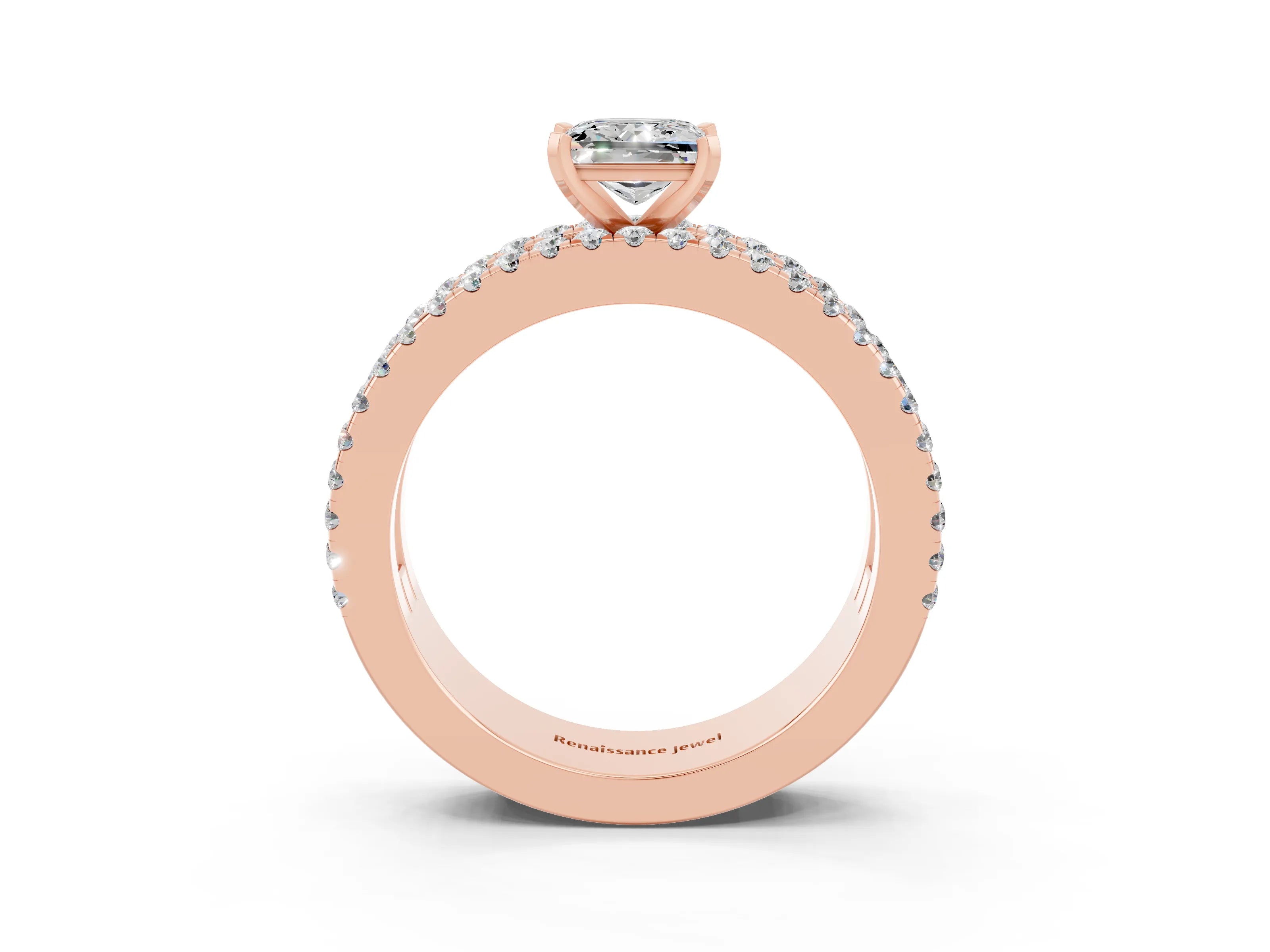 Rose gold Princess Cut Moissanite Solitaire Ring with Pavé and Channel Set Band_3