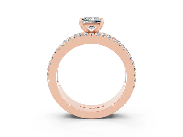 Rose gold Princess Cut Moissanite Solitaire Ring with Pavé and Channel Set Band