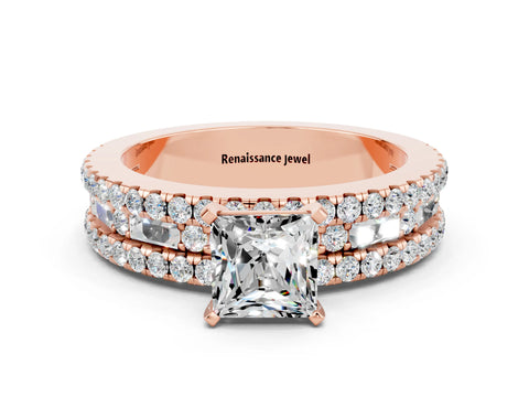 Rose gold Princess Cut Moissanite Solitaire Ring with Pavé and Channel Set Band