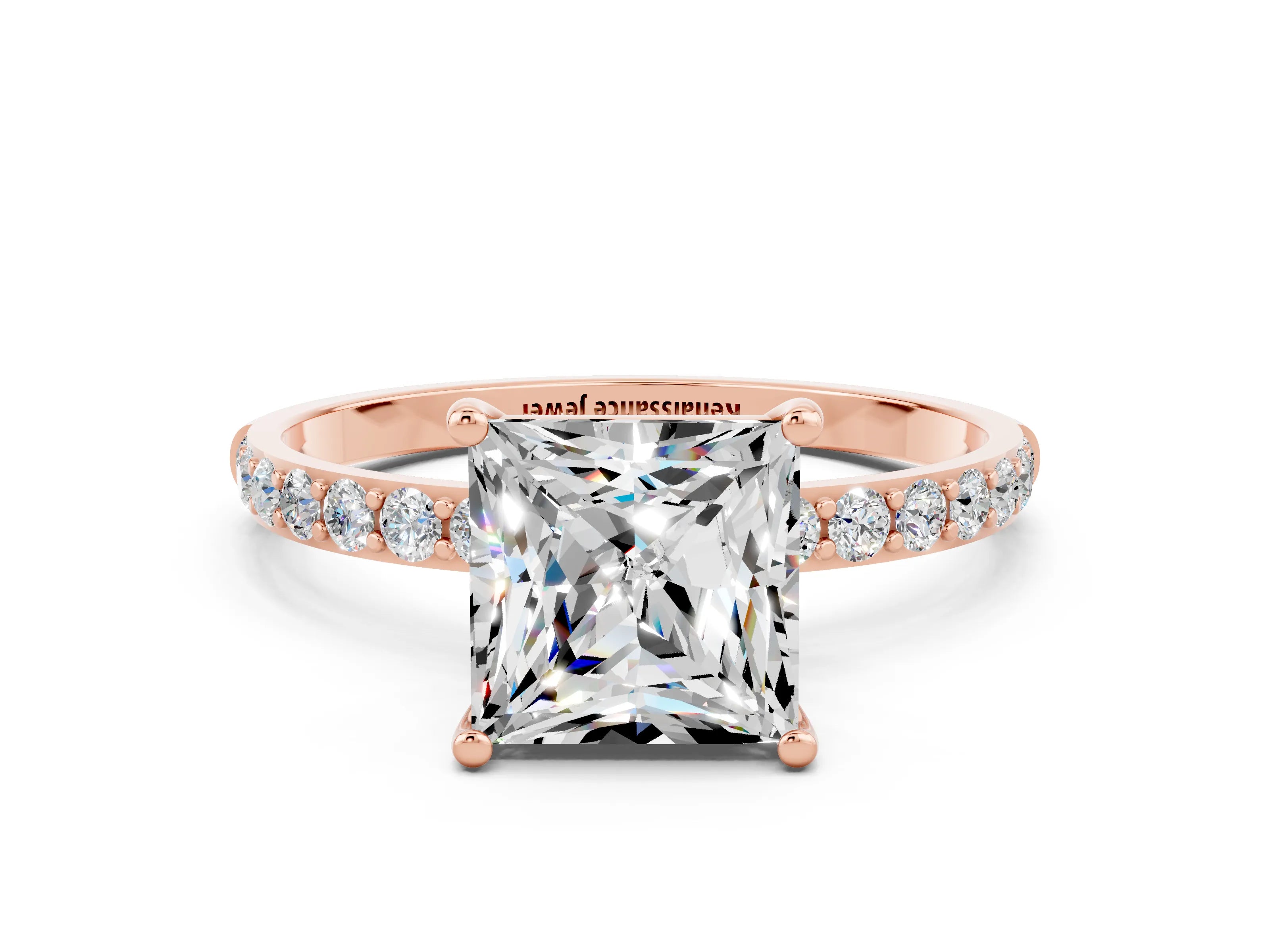 Rose gold Princess Cut Moissanite Solitaire Ring with Pave Band and Four Prong Setting_24