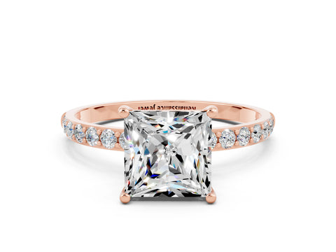 Rose gold Princess Cut Moissanite Solitaire Ring with Pave Band and Four Prong Setting_24