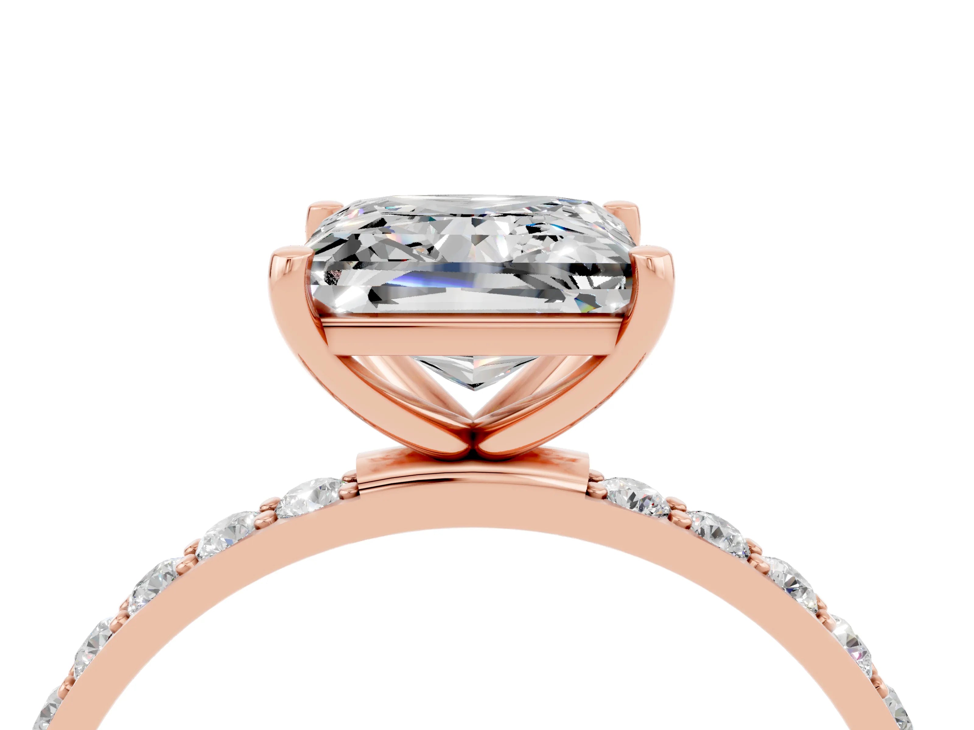 Rose gold Princess Cut Moissanite Solitaire Ring with Pave Band and Four Prong Setting_28