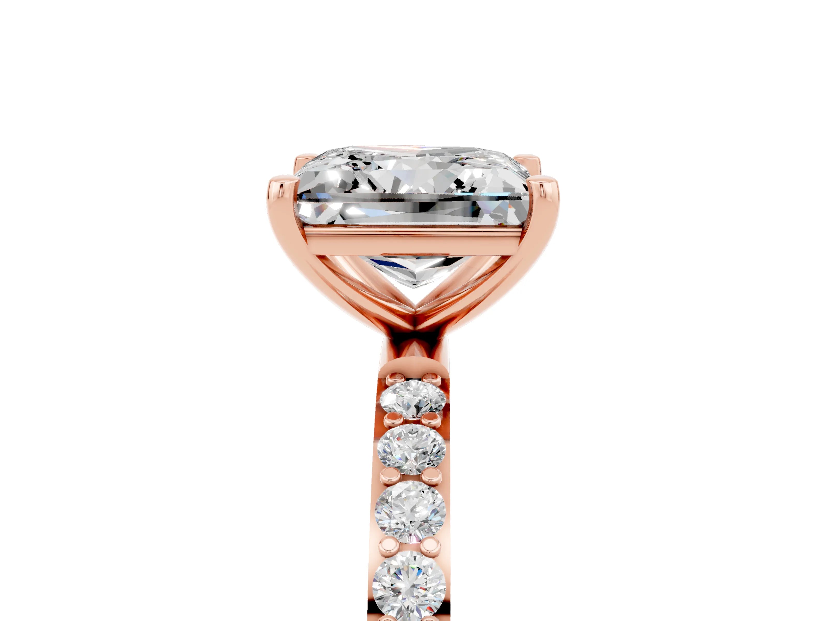Rose gold Princess Cut Moissanite Solitaire Ring with Pave Band and Four Prong Setting_29