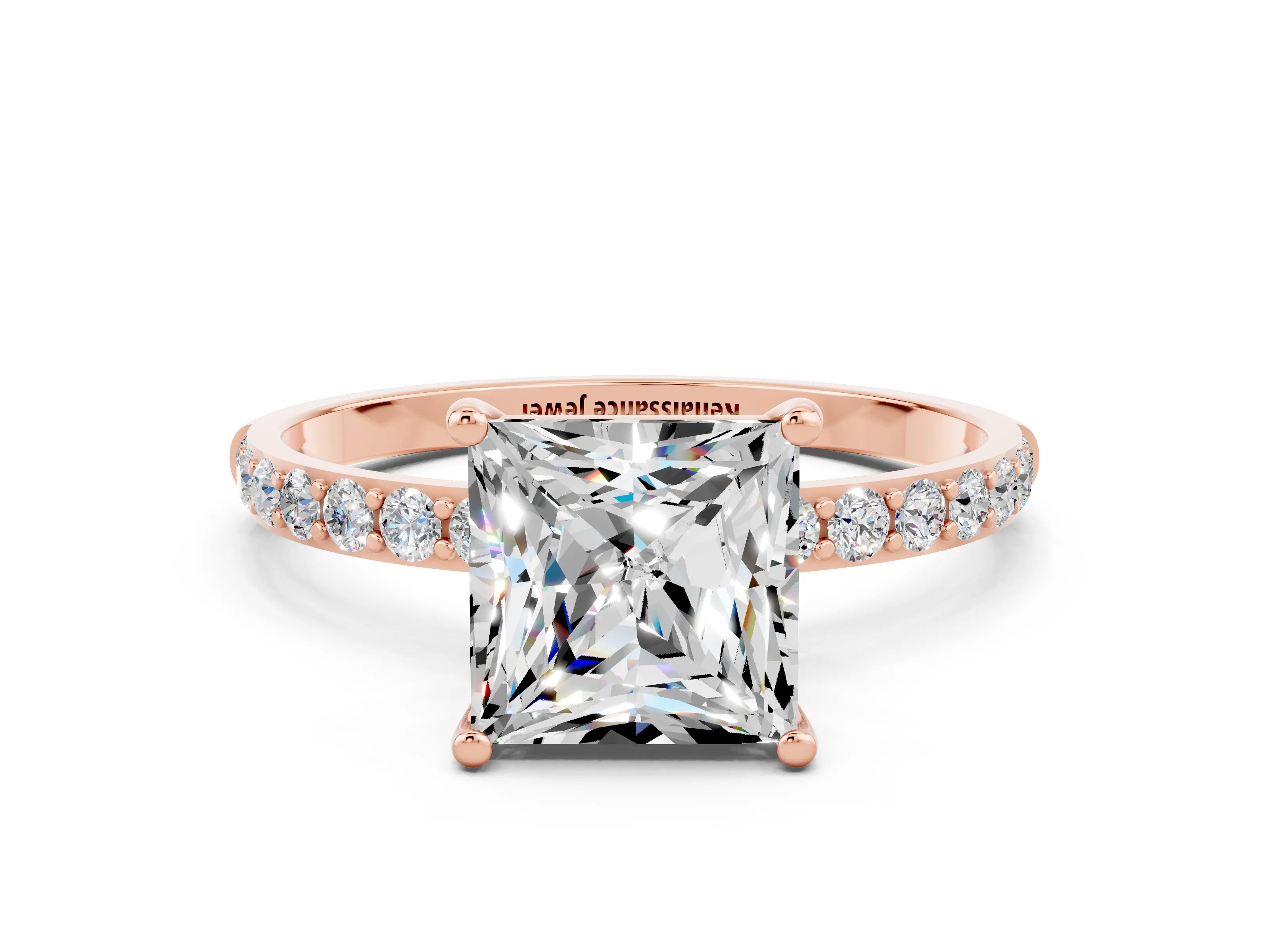 Rose gold Princess Cut Moissanite Solitaire Ring with Pave Band and Four Prong Setting_36