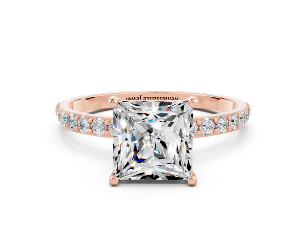 Rose gold Princess Cut Moissanite Solitaire Ring with Round  Pavé Band and Prong Setting
