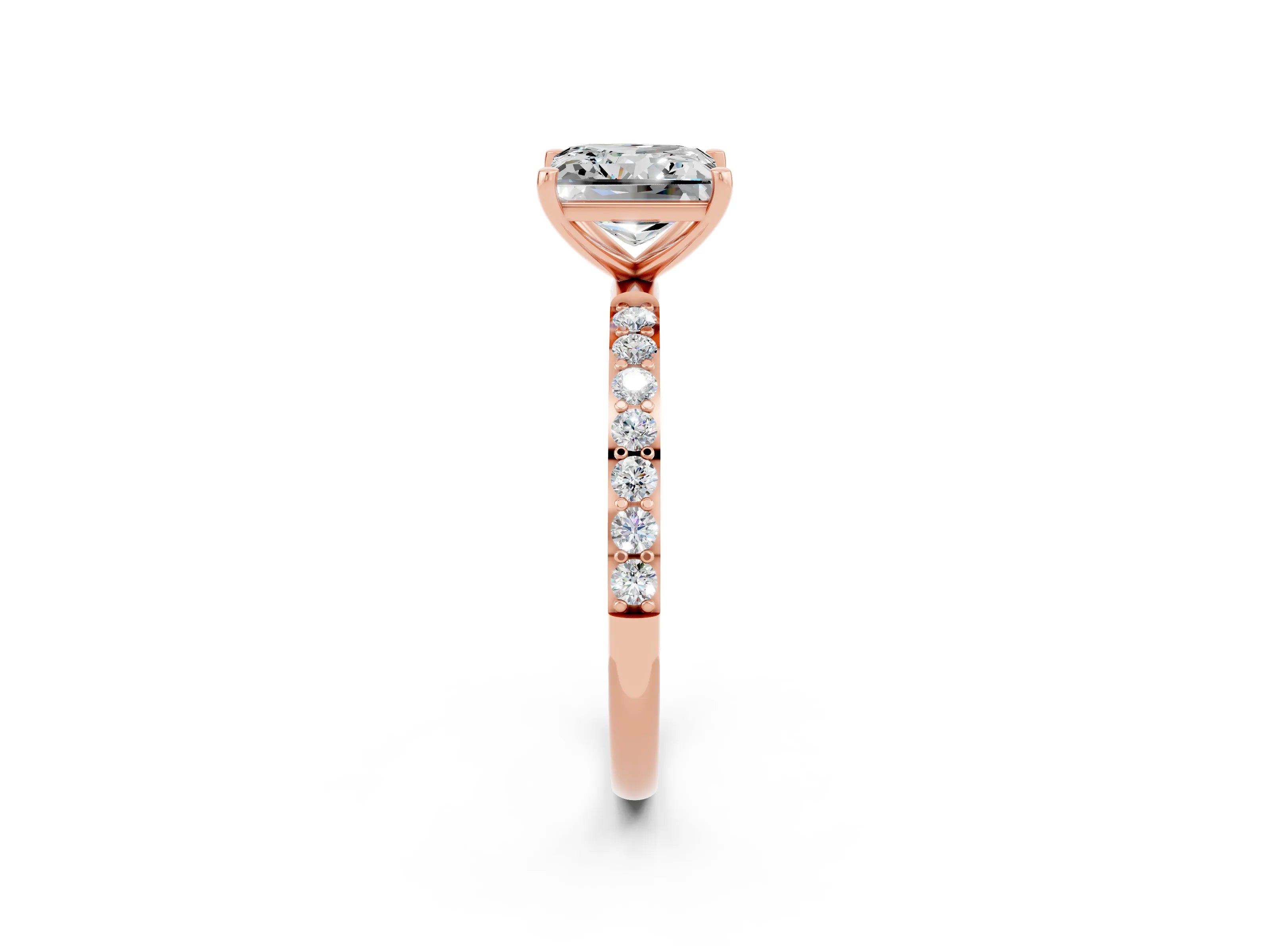 Rose gold Princess Cut Moissanite Solitaire Ring with Pave Band and Four Prong Setting_38