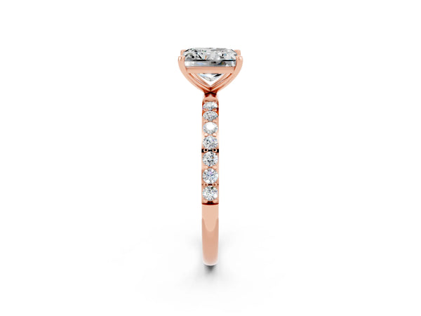 Rose gold Princess Cut Moissanite Solitaire Ring with Round  Pavé Band and Prong Setting