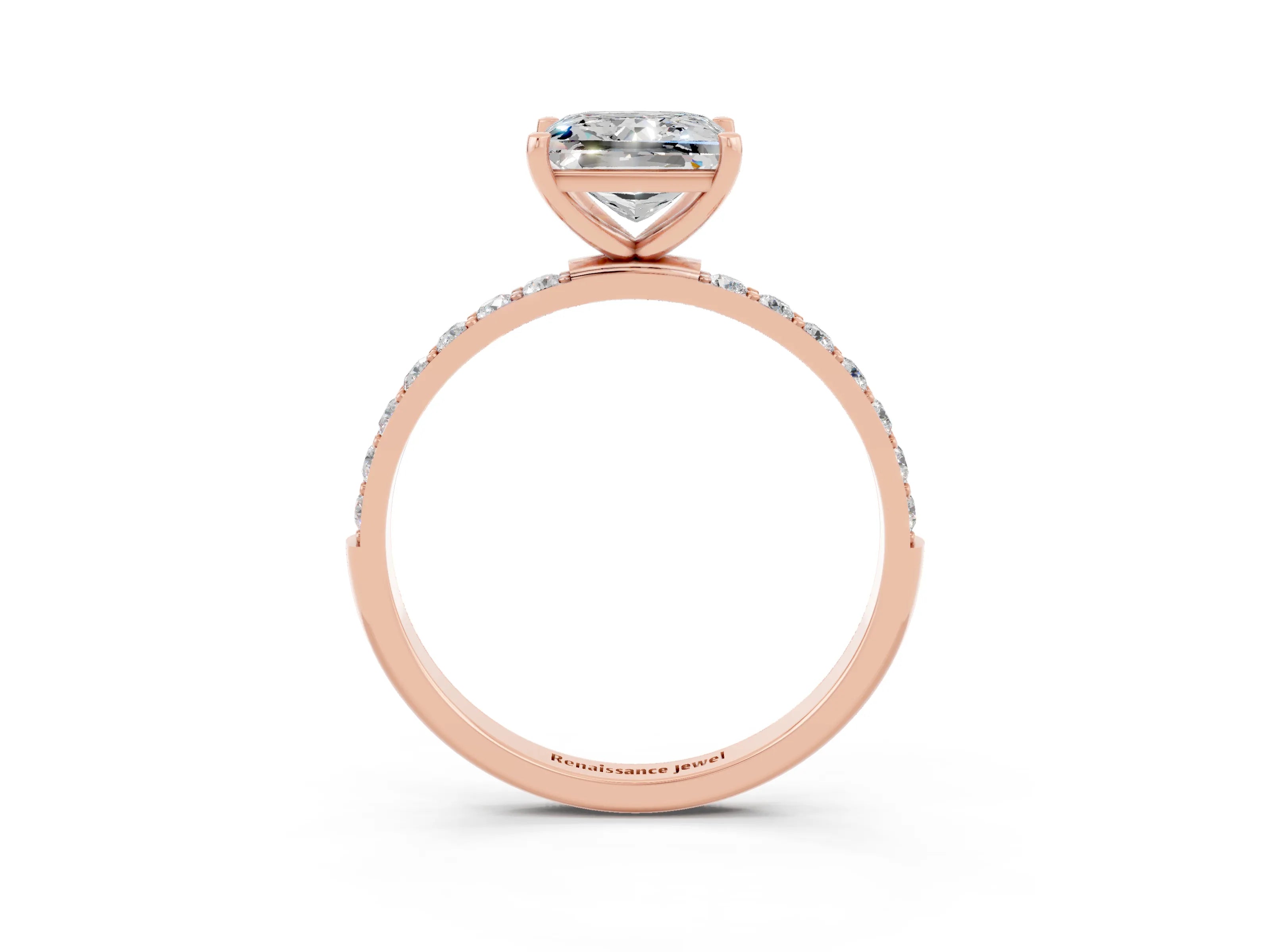 Rose gold Princess Cut Moissanite Solitaire Ring with Pave Band and Four Prong Setting_39