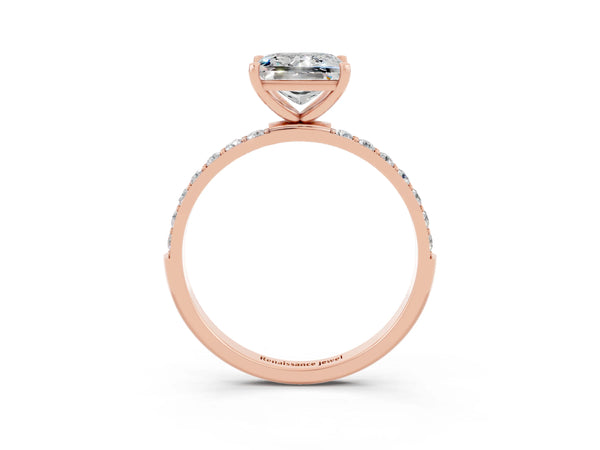 Rose gold Princess Cut Moissanite Solitaire Ring with Round  Pavé Band and Prong Setting