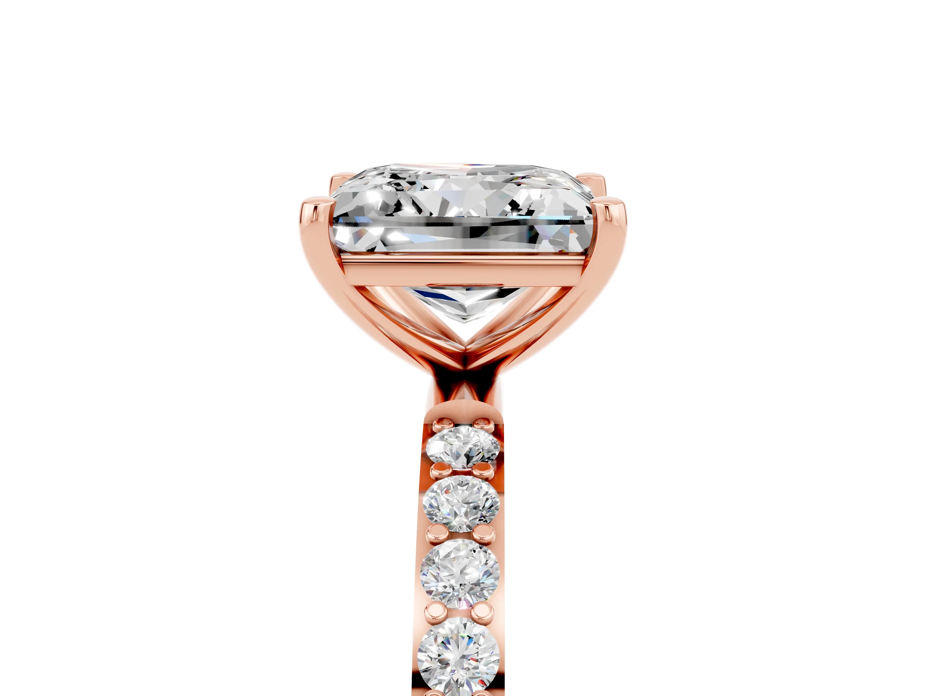 Rose gold Princess Cut Moissanite Solitaire Ring with Pave Band and Four Prong Setting_41