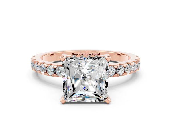 Rose gold Princess Cut Moissanite Solitaire Ring with Round  Pavé Band and Four-Prong Setting