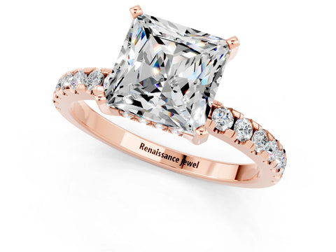Rose gold Princess Cut Moissanite Solitaire Ring with Round  Pavé Band and Four-Prong Setting_43