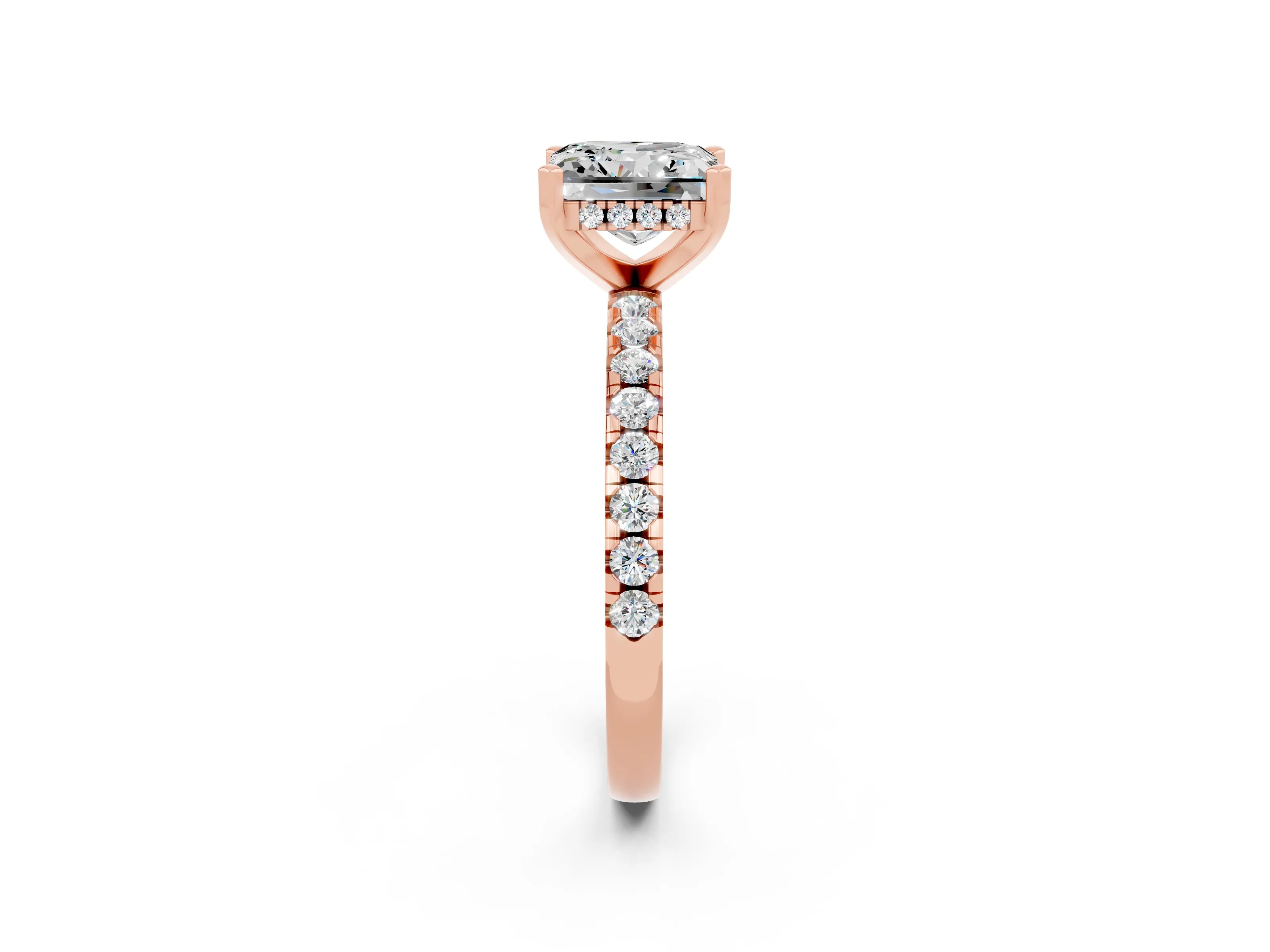Rose gold Princess Cut Moissanite Solitaire Ring with Round  Pavé Band and Four-Prong Setting_44