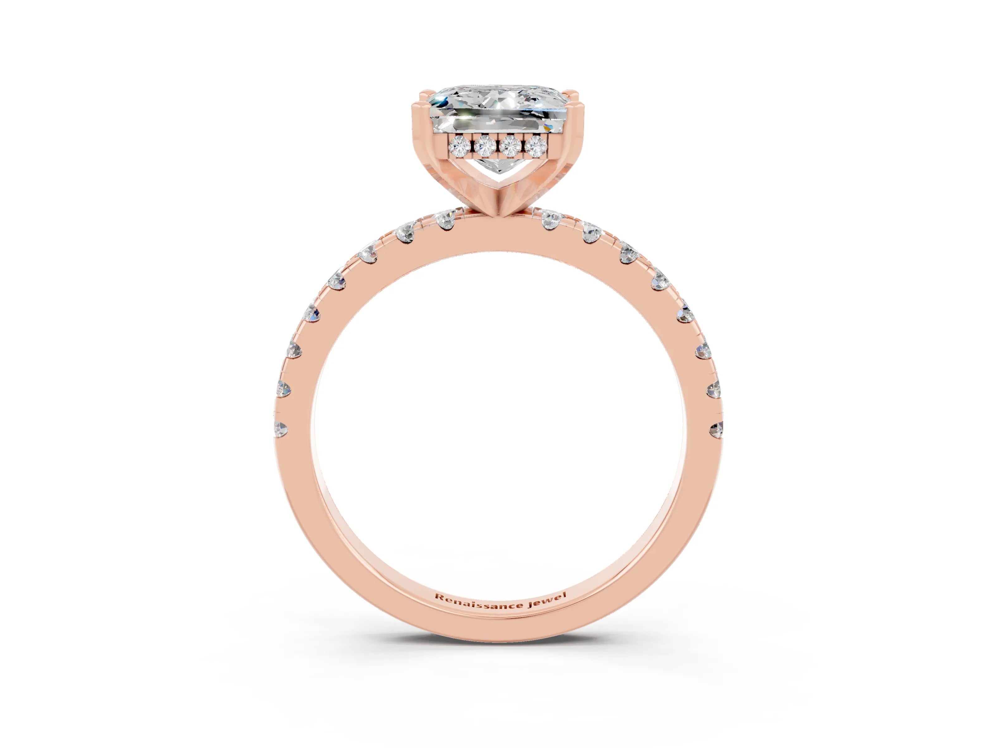 Rose gold Princess Cut Moissanite Solitaire Ring with Round  Pavé Band and Four-Prong Setting_45