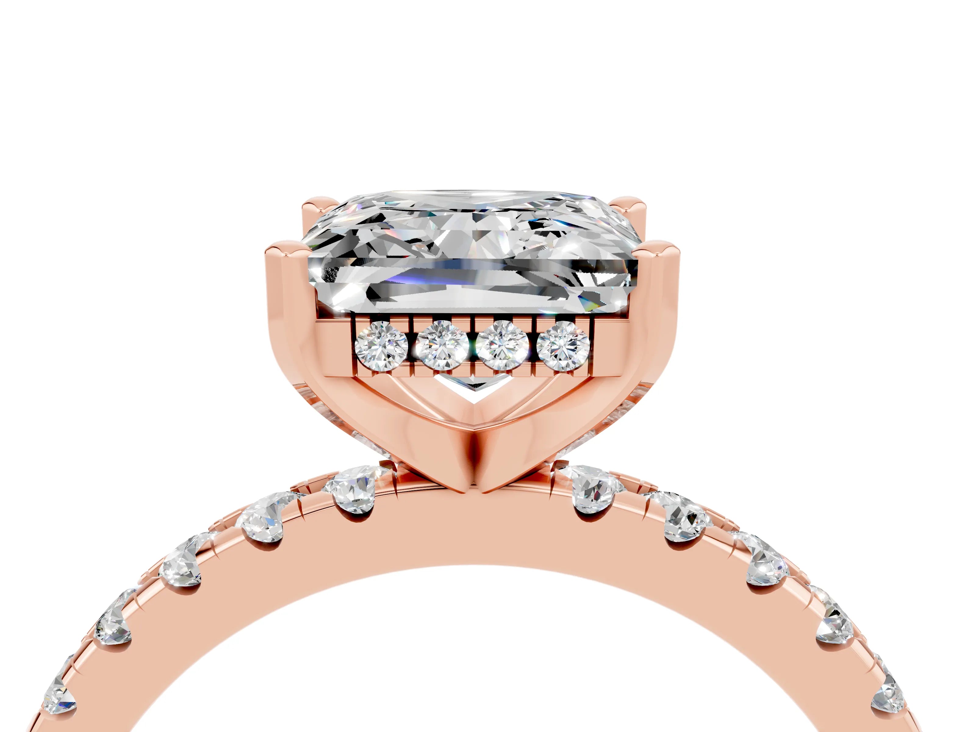 Rose gold Princess Cut Moissanite Solitaire Ring with Round  Pavé Band and Four-Prong Setting_46