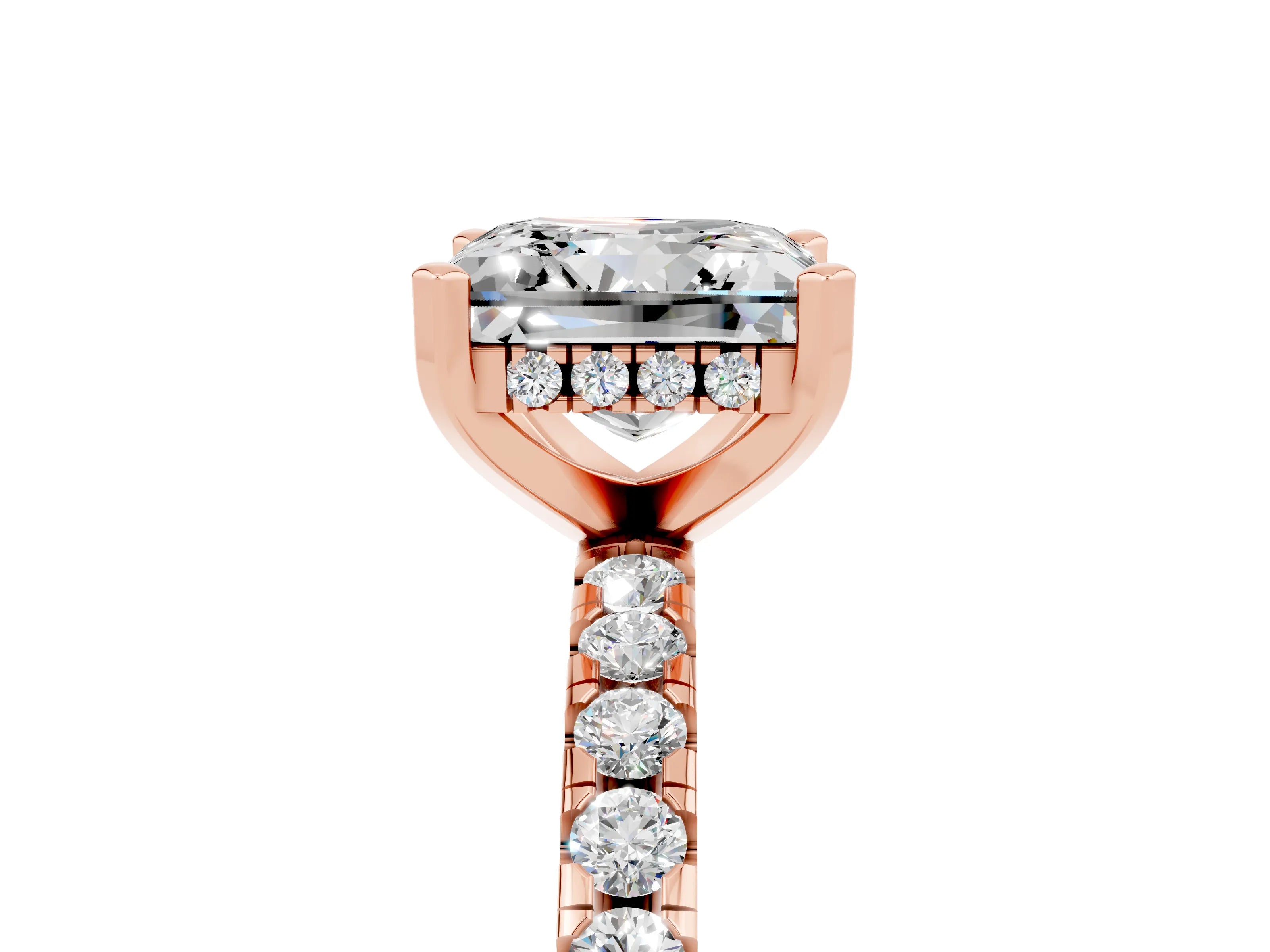 Rose gold Princess Cut Moissanite Solitaire Ring with Round  Pavé Band and Four-Prong Setting_47