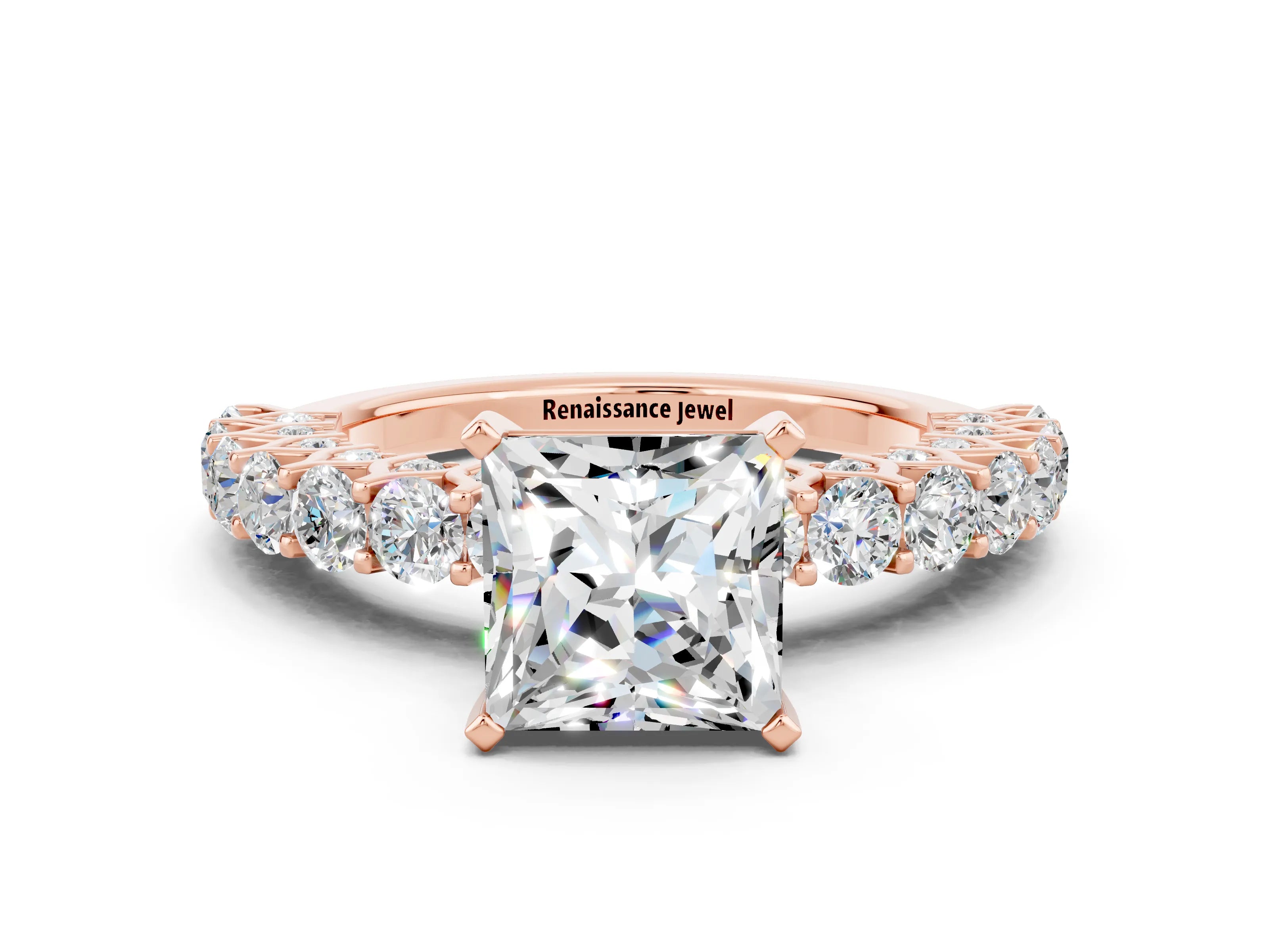 Rose gold Princess Cut Moissanite Solitaire Ring with Shared Prong Pavé Band and Four-Prong Setting