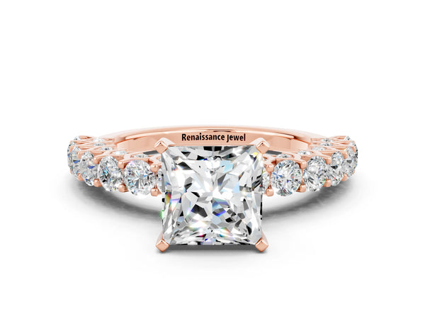 Rose gold Princess Cut Moissanite Solitaire Ring with Shared Prong Pavé Band and Four-Prong Setting
